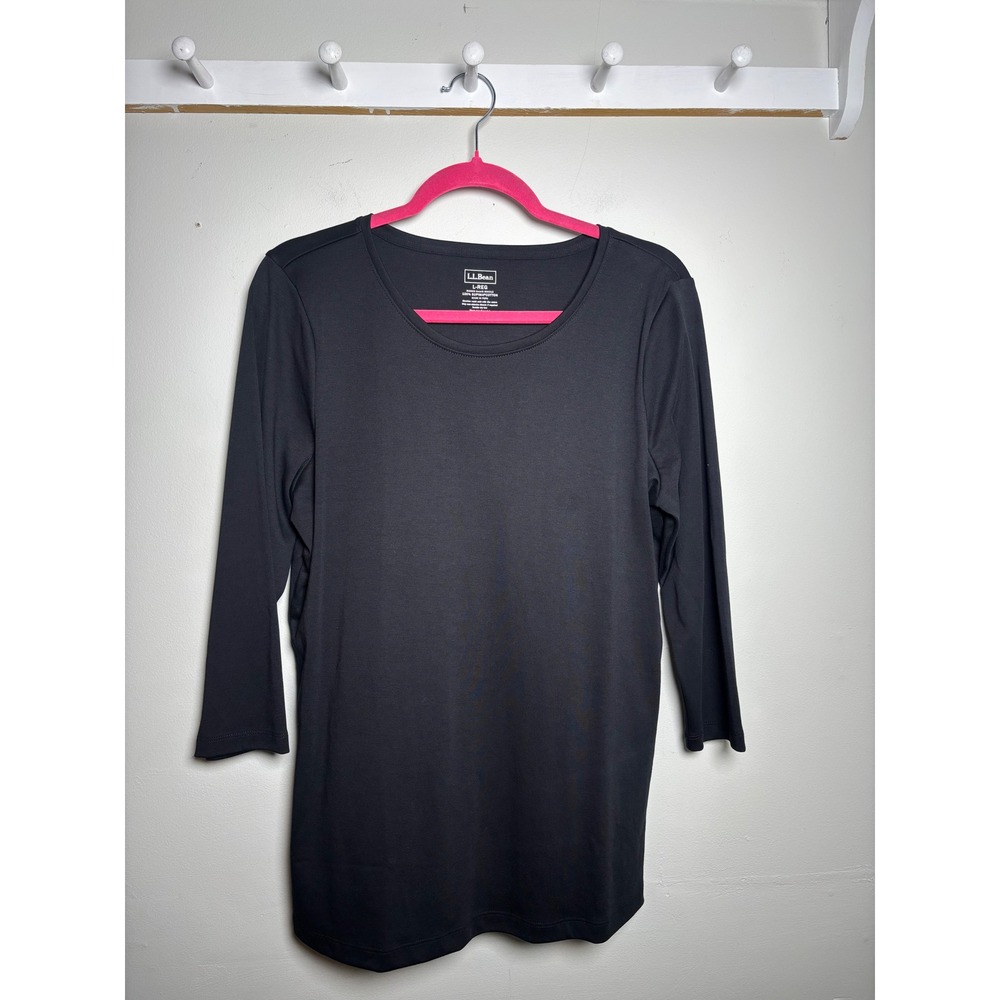 L.L.Bean 100% Cotton V Neck 3/4 Sleeve Top Large Black Fall Layering